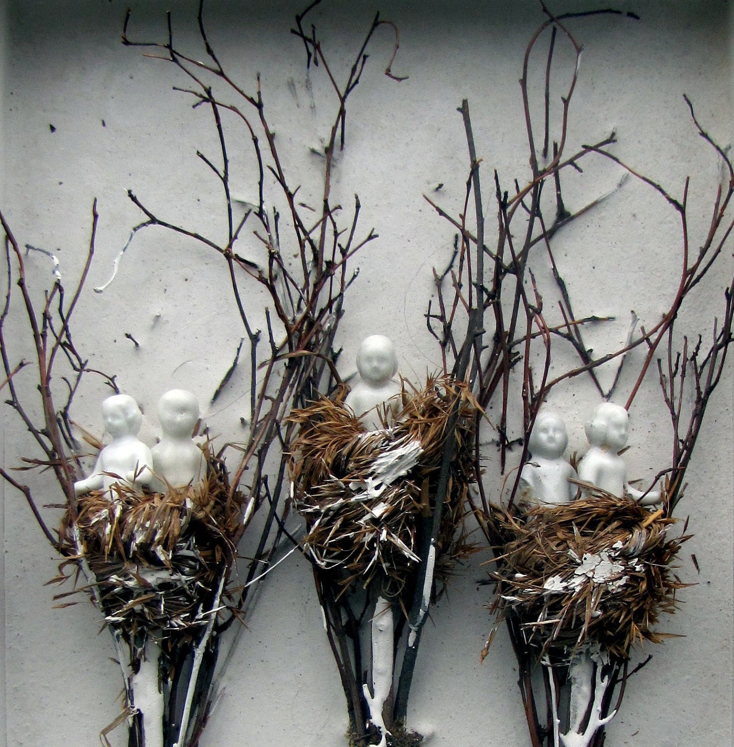 Mixed Media Antique Doll and Bird Nest Shadow Box  Assemblage