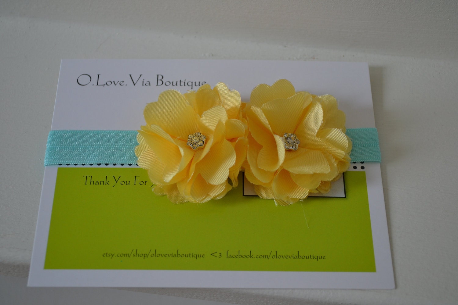Double Yellow Flower - Baby Headband - Teal Fold over Elastic - Spring - Easter - Crystals - Baby Photography - Baby Girl - Infant - Toddler