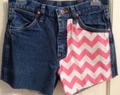 High Waisted Jean Shorts with Pink Chevron Fabric