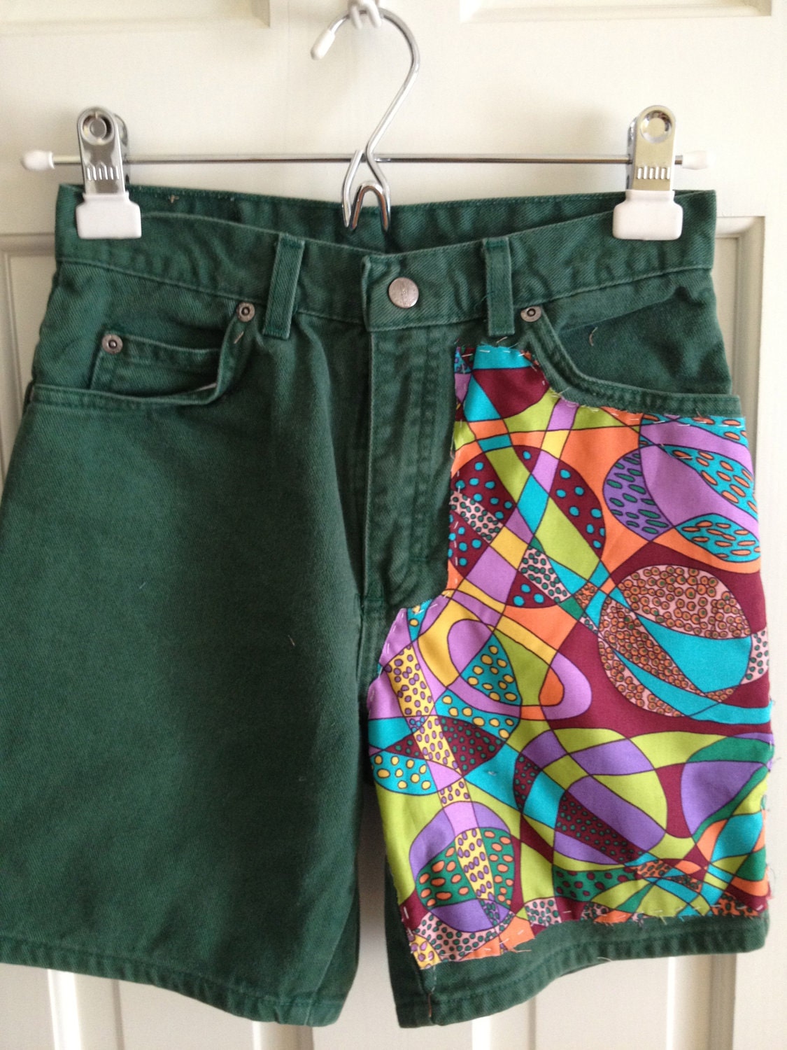Green High Waisted Jean Shorts with Fabric Sewed On