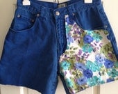 Blue High Waisted Jean Shorts with Floral Fabric on the Front