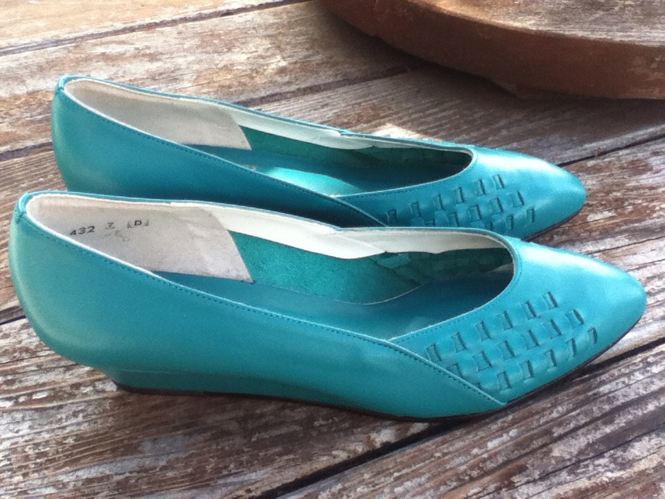 Sandler 80s Leather Turquoise Woven Wedge Shoe "Never Been Worn" Size 7