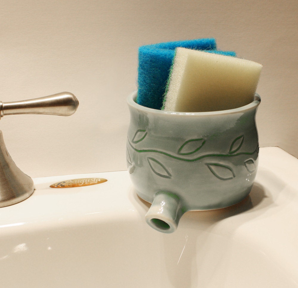 Sink Pot for draining scrubbies, Celadon Green w carved leaf vine