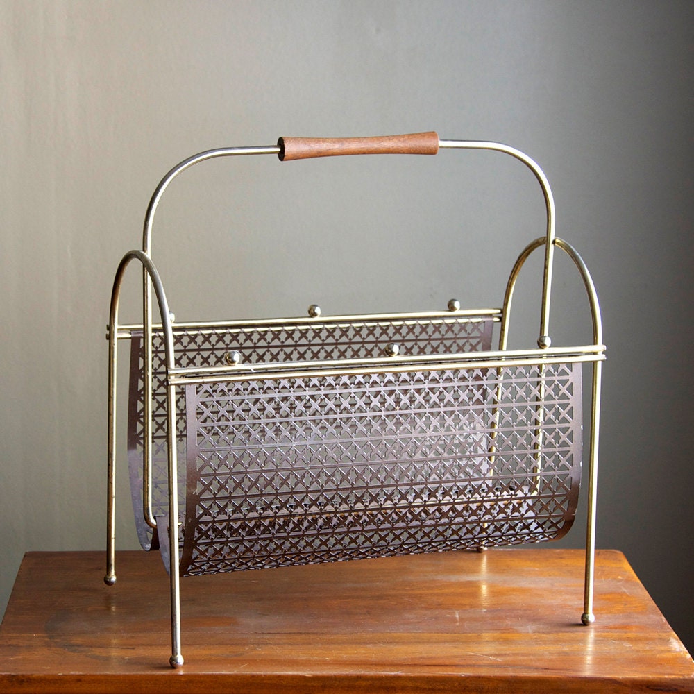 Vintage Magazine Rack Mid Century Gold with Wood Handle