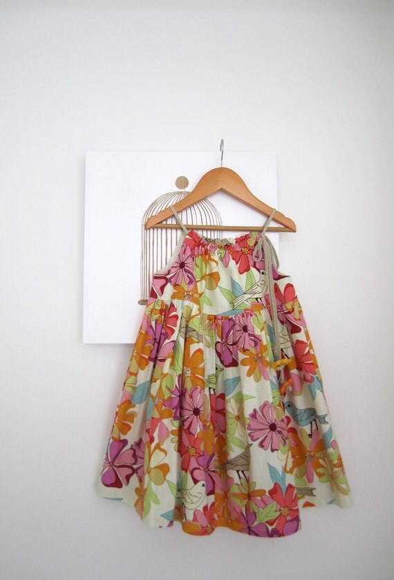 Girls Summer Dress-Flowers and Birds-linen/cotton baby toddler dress-orange pink green-sundress-Handmade Children Clothing by Chasing Mini