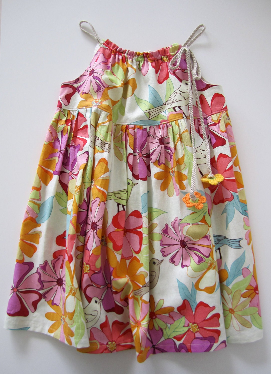Girls Summer Dress-Flowers and Birds-linen/cotton baby toddler dress-orange pink green-sundress-Handmade Children Clothing by Chasing Mini