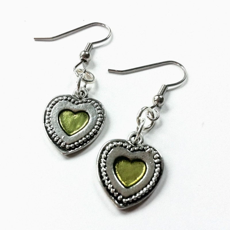 Green Heart Earrings, Heart Dangle Earrings, Silver earrings, silver heart, green dangle, green earrings
