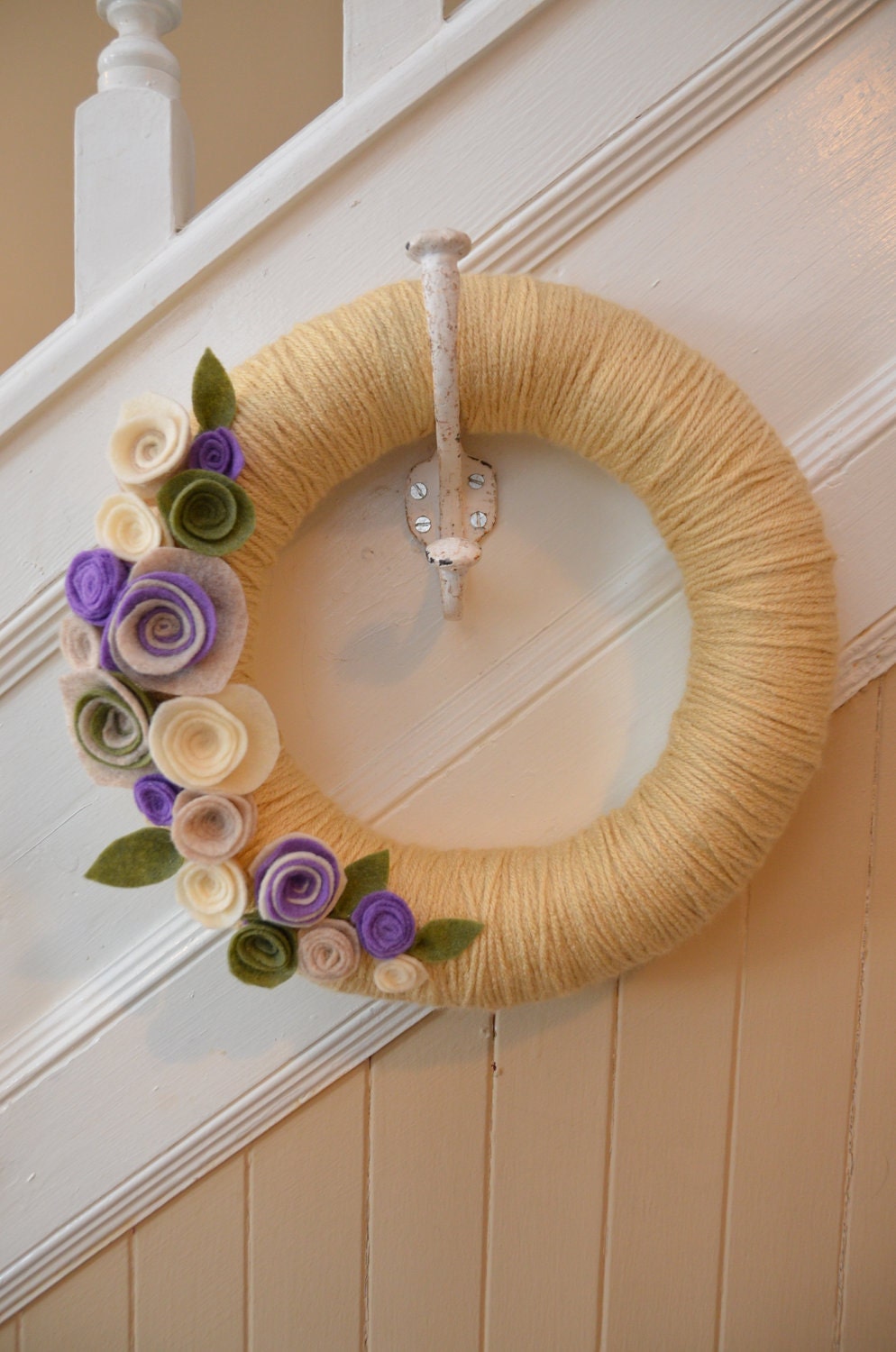Yarn Wreath - OATMEAL -  Yarn Covered Straw Wreath with Handcrafted Felt Flowers - 12 inches