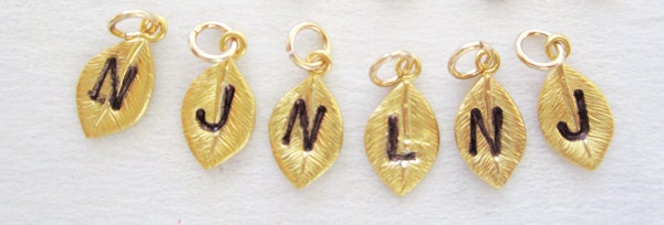 Personalized Initial Charm / Hand Stamped Gold Initial Leaf