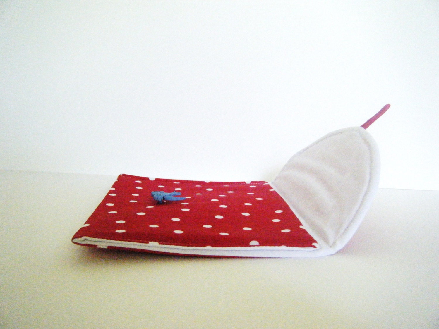 Clutch pouch polka dot red white sparrow button for cosmetics personal items.