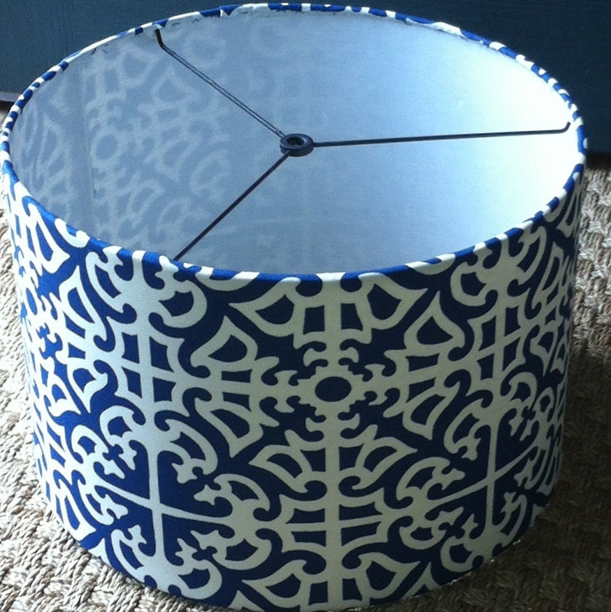 LampShade Drum Style in blue and white geometric fabric / barrel lamp shade or pendant light shade