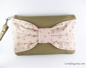 Big Bow Khaki Clutch,Bridesmaid Gift Bag,Wedding Gift ,Cosmetic Bag Make Up, Camera Bag,Zipper Pouch Wristlet