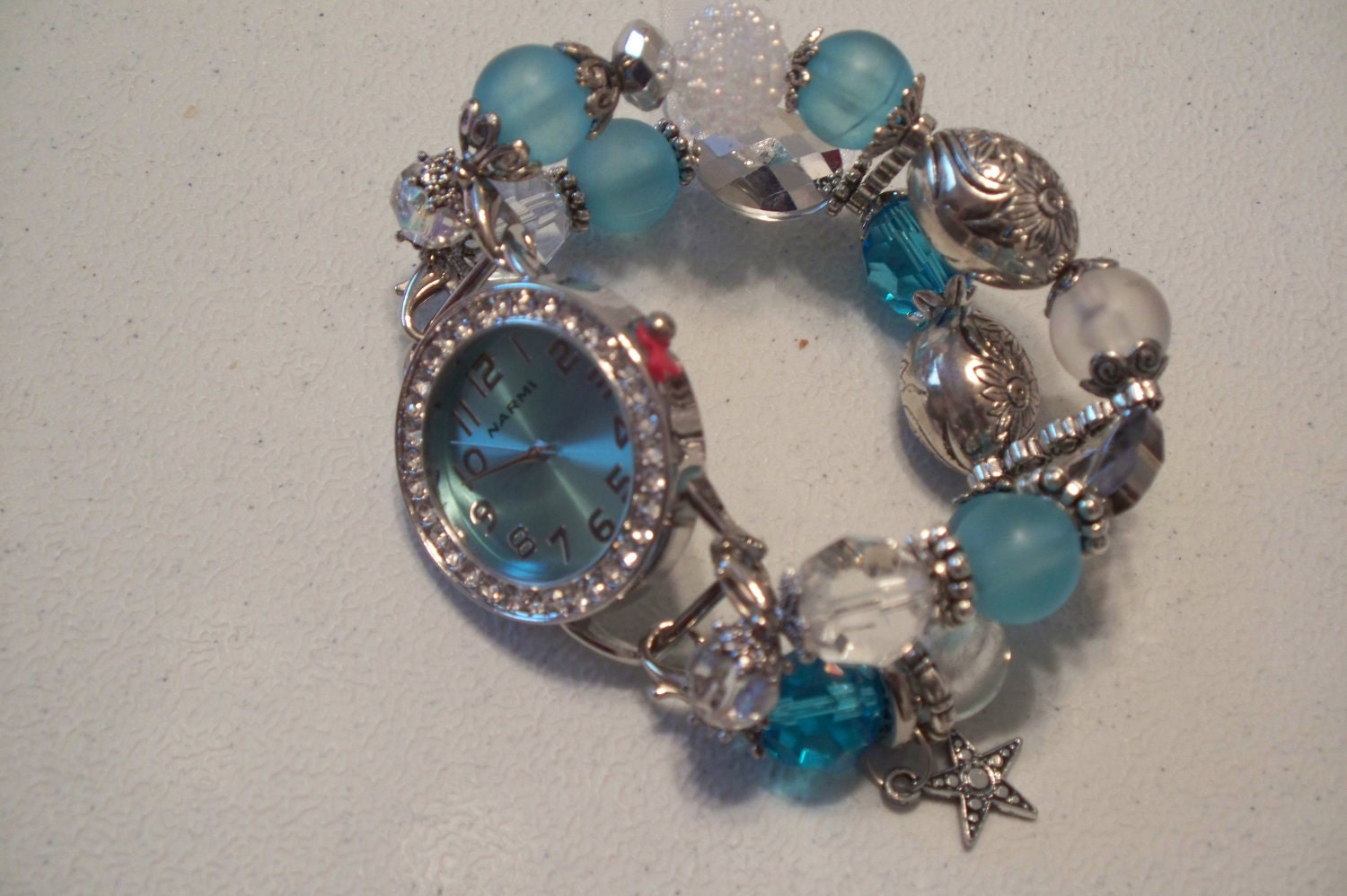 Aqua and Silver - Interchangeable Chunky Beaded Watch Band and Face.