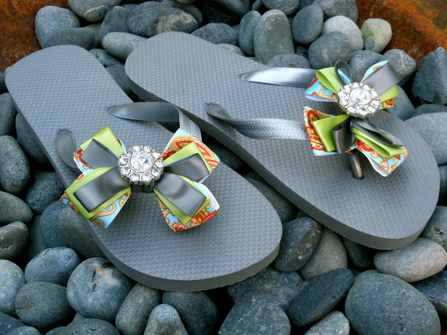 Blue Paisley, Lime Green, and Grey Flip Flop with Rhinestone