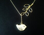 bird and branch necklace,gold and silver,bird on a branch necklace,love bird necklace,gold bird necklace,bird pendant,gold leaf necklace