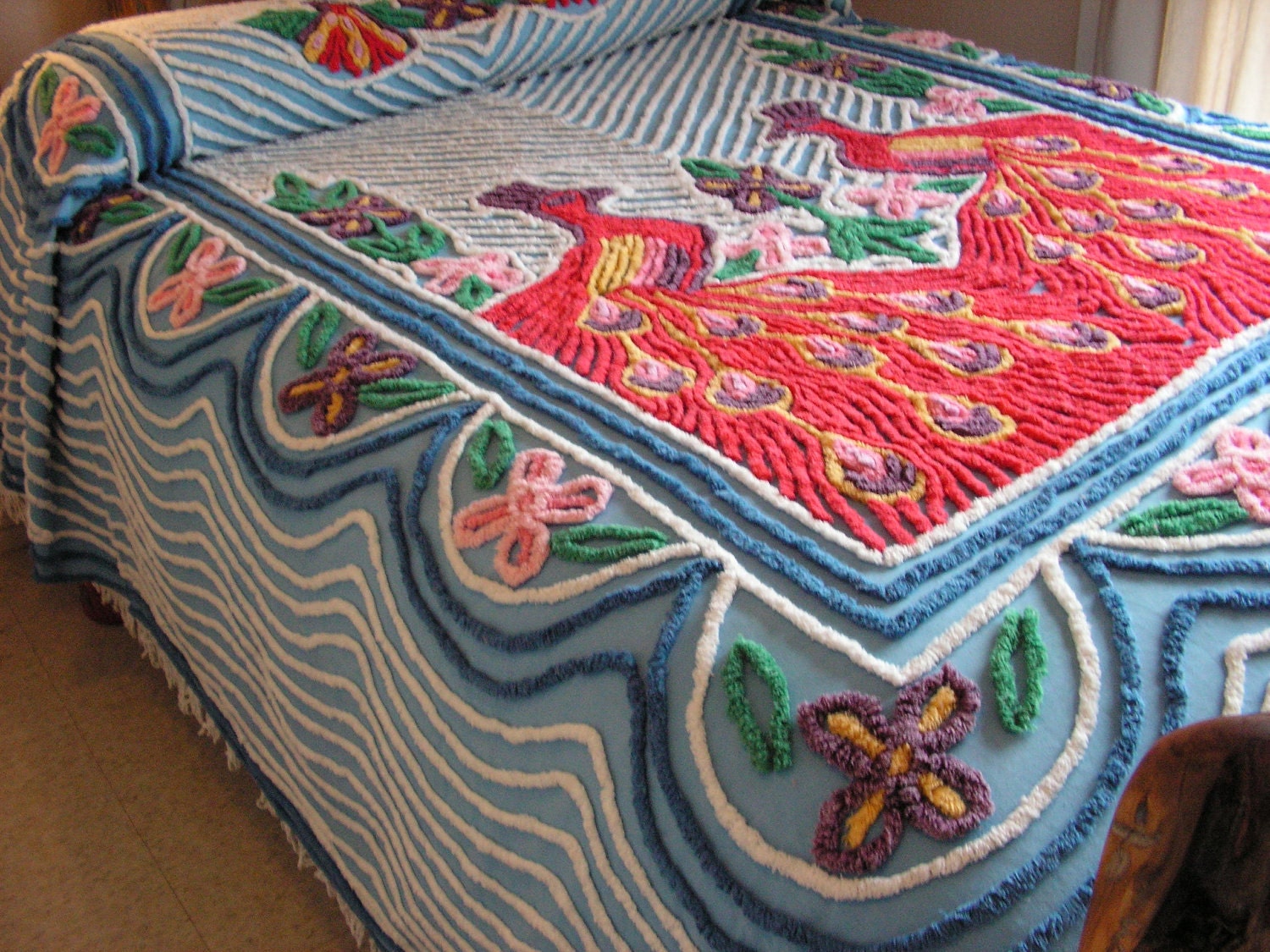Vintage Chenille Peacock Bedspread