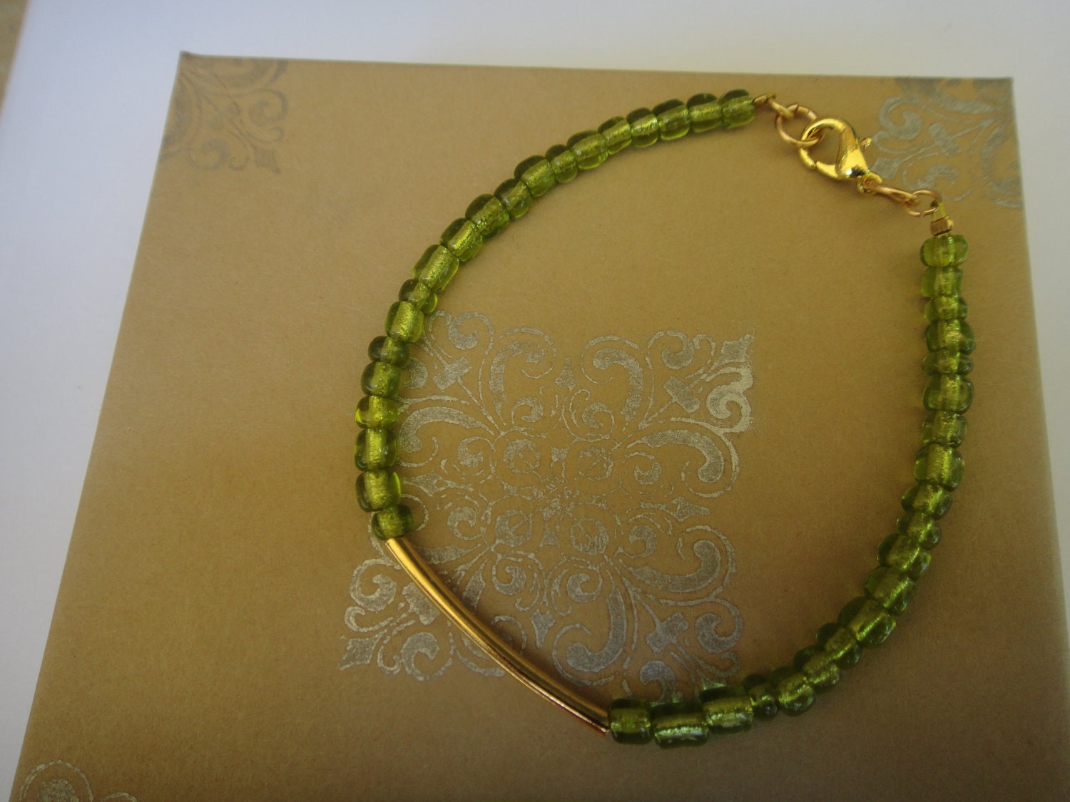 Gold Bar and Vintage Green Glass Bracelet