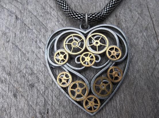 Clockpunk Victorian-Style Pendant Necklace - Brushed Aluminum Open Work Heart Pendant with Gears on Antiqued Silver Modified Box Chain