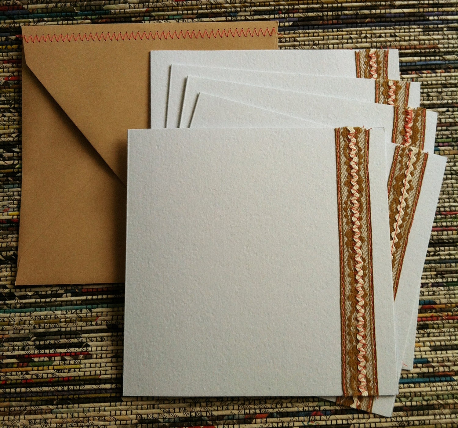 Stationery Set of 4 SEWN Foldover Note cards w/envelopes