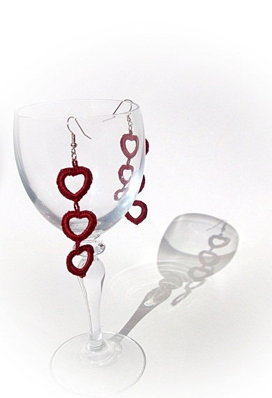 Spring Earrings crochet Claret red heart/Crochet Earrings /Romantic Spring Fashion/Red heart earrings /Mother's day gift/Choose colour