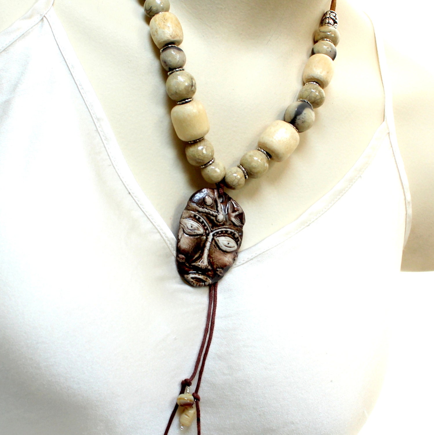 Tribal Mask Necklace art-to-wear  - non-profit for education all for Charity -- OOAK