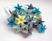 SALE : Upcycled Origami Flowers with tinsels- in light blue, light yellow and ceruean blue