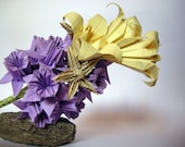 Eastern style origami bouquet of paper flowers: Lilac daffodils, washed yellow irises, and two upcycle vintage style flowers, free shipping