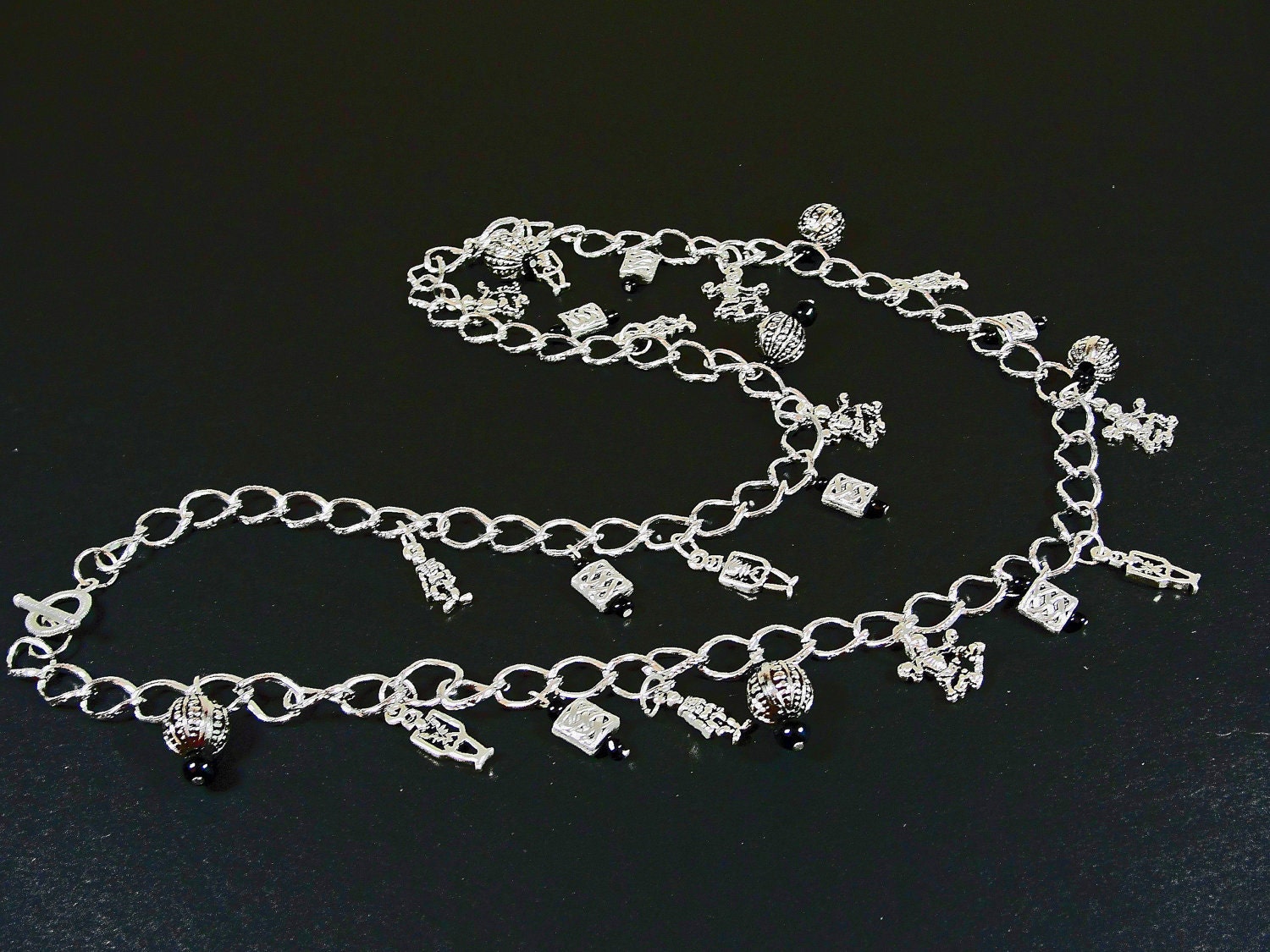 SALE Long Silver Dancing Skeletons Necklace - Hand Made Gift - Chains Bones Goth Rocker Halloween Fashion