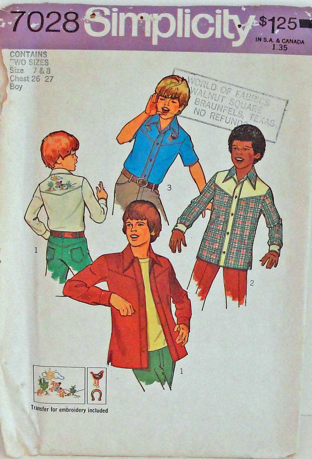70s Boys Western Cowboy Shirt Size 7 and 8 - Vintage Simplicity Sewing Pattern - Long or Short Sleeves