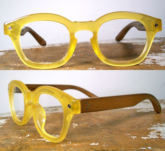 handmade rosewood and transparent yellow glasses / pale yellow acetate and wood eyeglasses