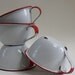 Set of Four Vintage White and Red Enamel Cups, Camp Cups, Enamelware / Camp Decor