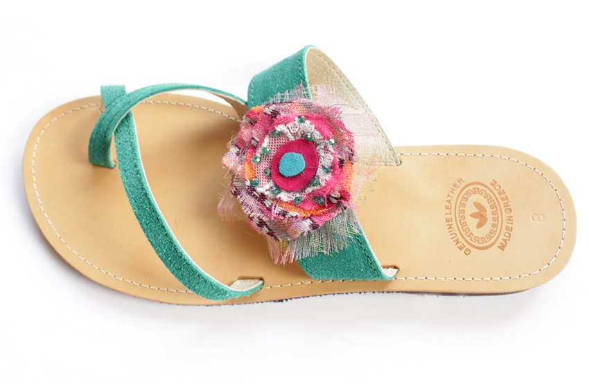 Handmade leather sandals-multi colored fabric flower, Green Swarovski