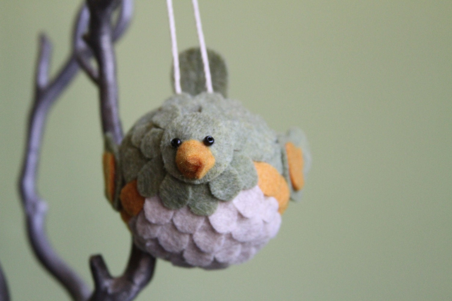 Sage Green, Gold, and Off-White Felt Hanging Bird Ornament