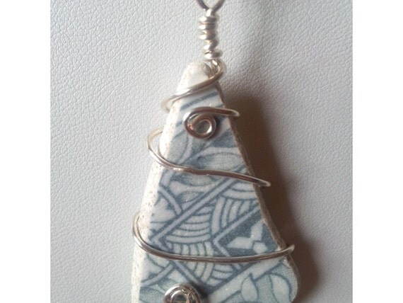 Scottish sea pottery necklace beach ceramic wire wrapped chain shard pendant recycled