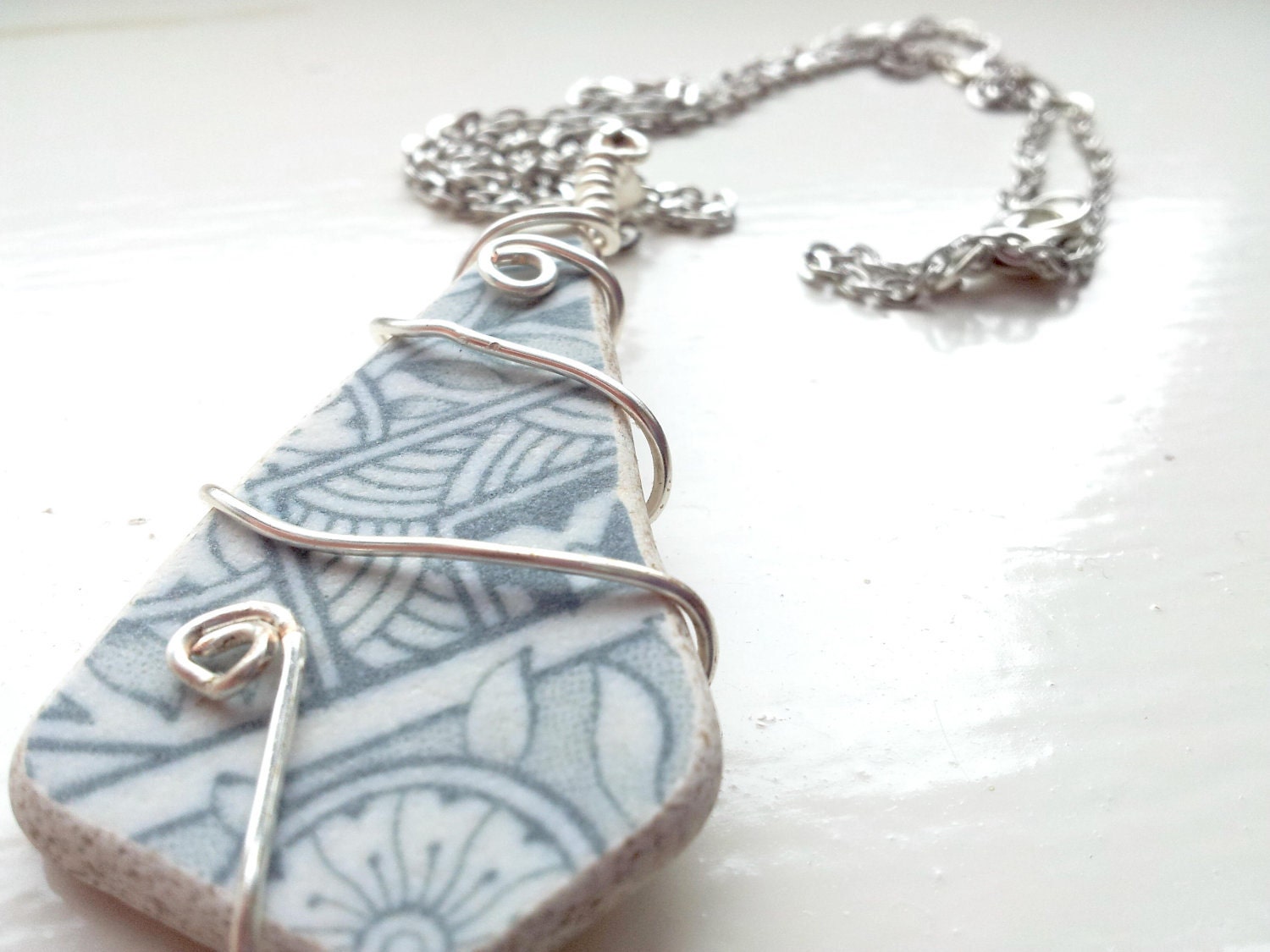 Scottish sea pottery necklace beach ceramic wire wrapped chain shard pendant recycled