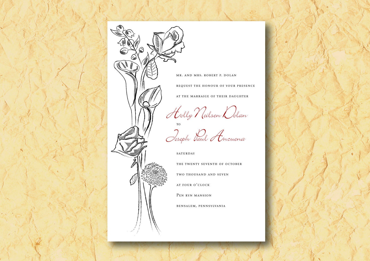 Wedding Invitation Ensemble  - Hand Drawn Flowers - Custom Color and Font - Printable DIY