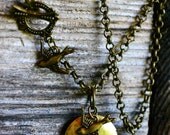Hunger Games Necklace -  Katniss' Gold Locket from Peeta with 2 Mockingjay Charms - Antiqued Gold/Bronze - Long Chain