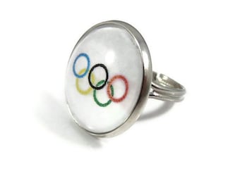 Olympics Ring, Adjustable Silver Tone Ring, White Background