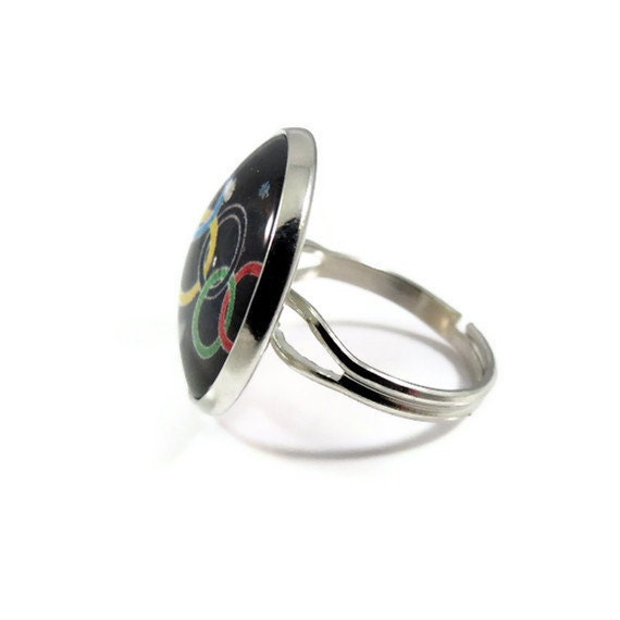 Olympics Ring, Adjustable Silver Tone Ring, Black Background
