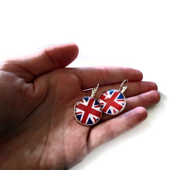 Union Jack Earrings, London Olympic Lever Back Earrings, British Flag Jewelry, Silver Tone