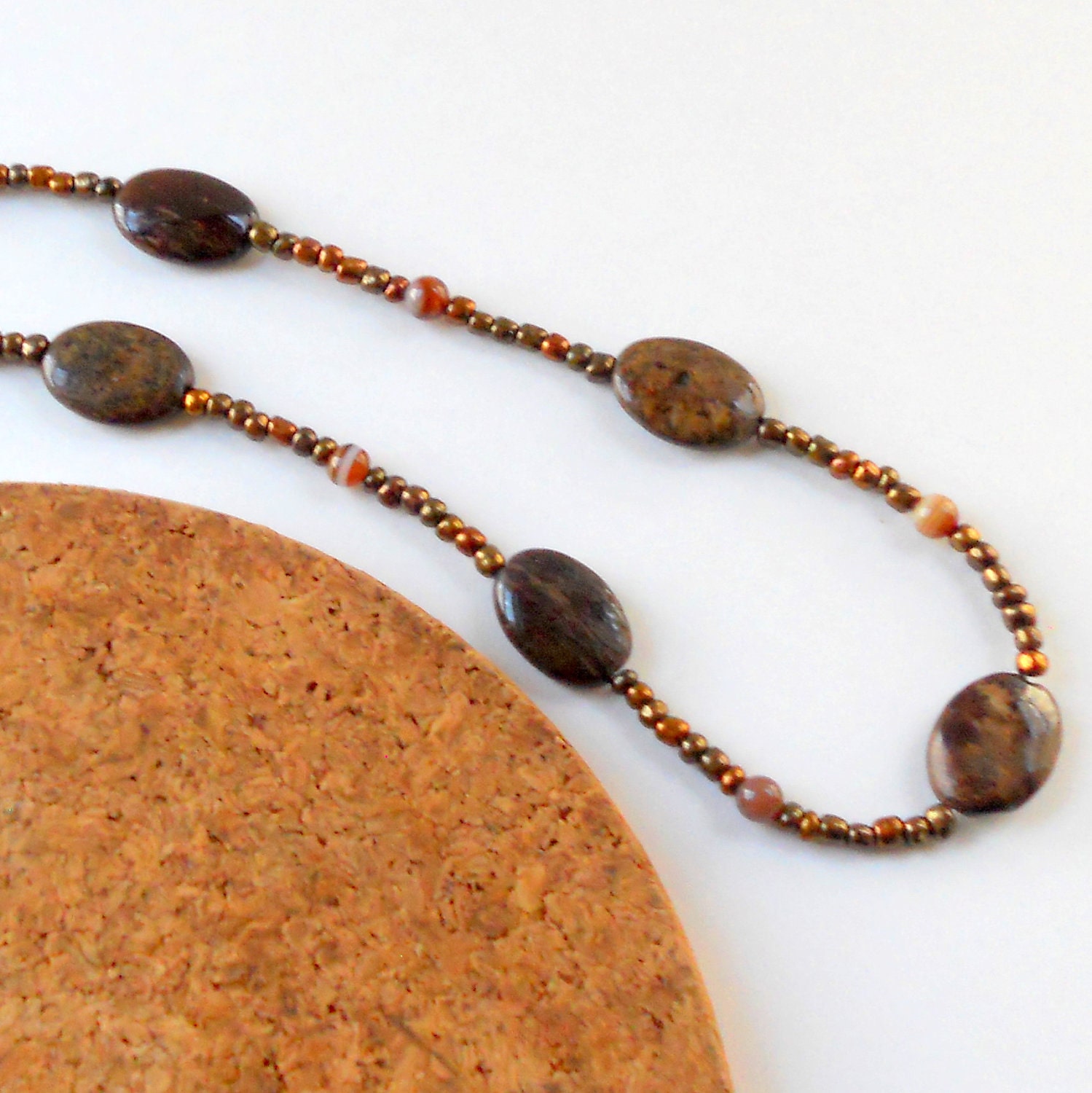 Rustic Brown Necklace Autumn Agate Long Beaded Earthtones Fashion Jewelry Natural Stone Bronze Copper Glass Beads