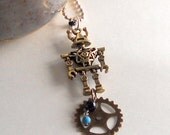 Robot Pendant Steampunk Gear Teenagers 3D Fashion Necklace Turquoise Bead Antique Bronze Chain Trendy