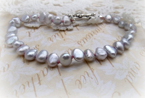 SALE - Silver Pearl Bracelet - Hand Knotted Pink Silk - Tiny Silvery Grey Baroque Pearls Sterling Silver - Size Medium Large