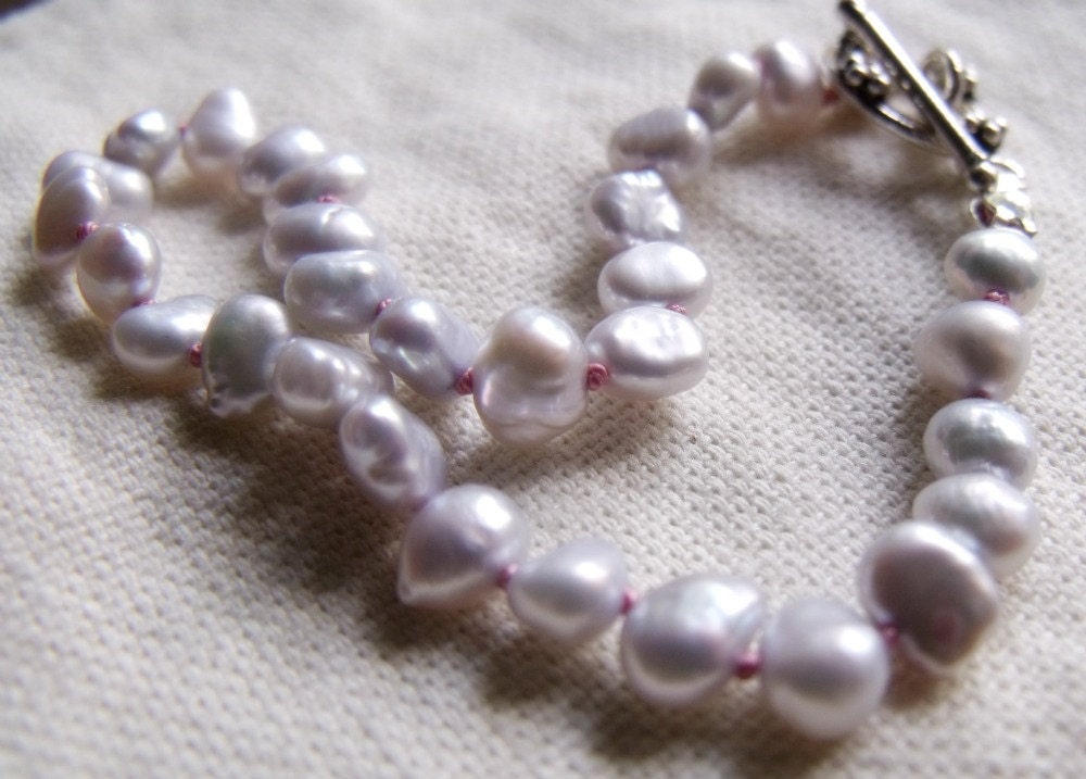 SALE - Silver Pearl Bracelet - Hand Knotted Pink Silk - Tiny Silvery Grey Baroque Pearls Sterling Silver - Size Medium Large