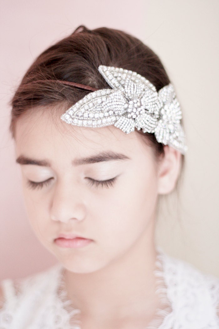 Bridal Rhinestone Headpiece with Elegant Double Lily Flower and Leaf