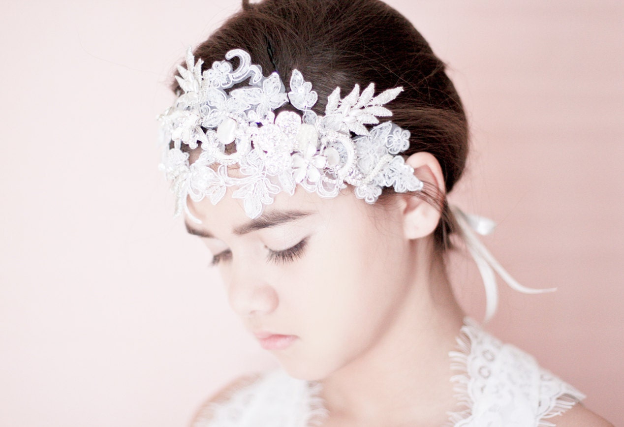 Bridal Rhinestone and Lace Headband - White Pearls Beaded Crystal Sequin Lace, Ivory Rhinestone Flowers, Wired Beads  / White-Silver-Ivory