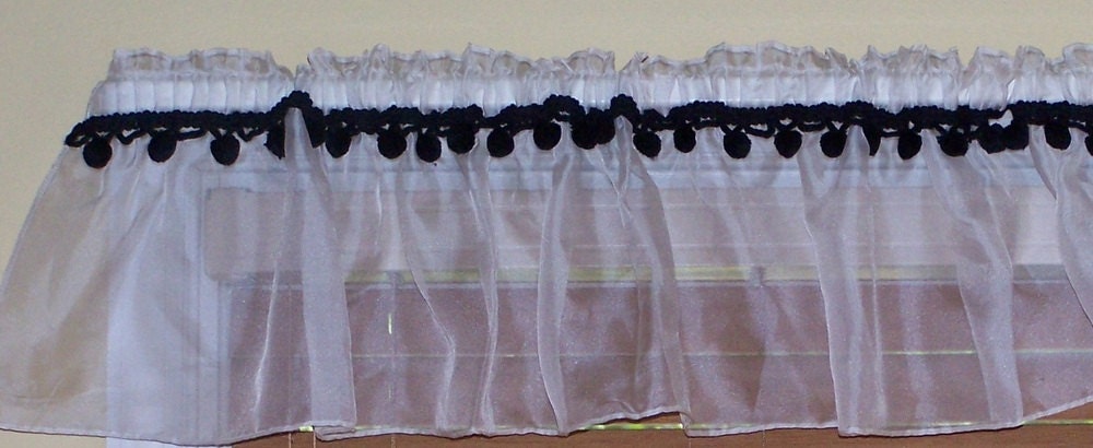 Unique Pair of Vintage Valances Sheer White With Black Pom Pom Trim
