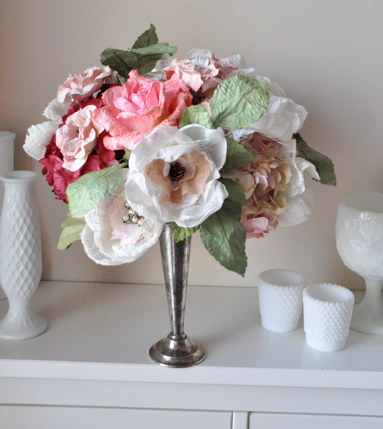 colourful red and honeysuckle paper flower wedding bouquet with fabric flowers and brooch bling