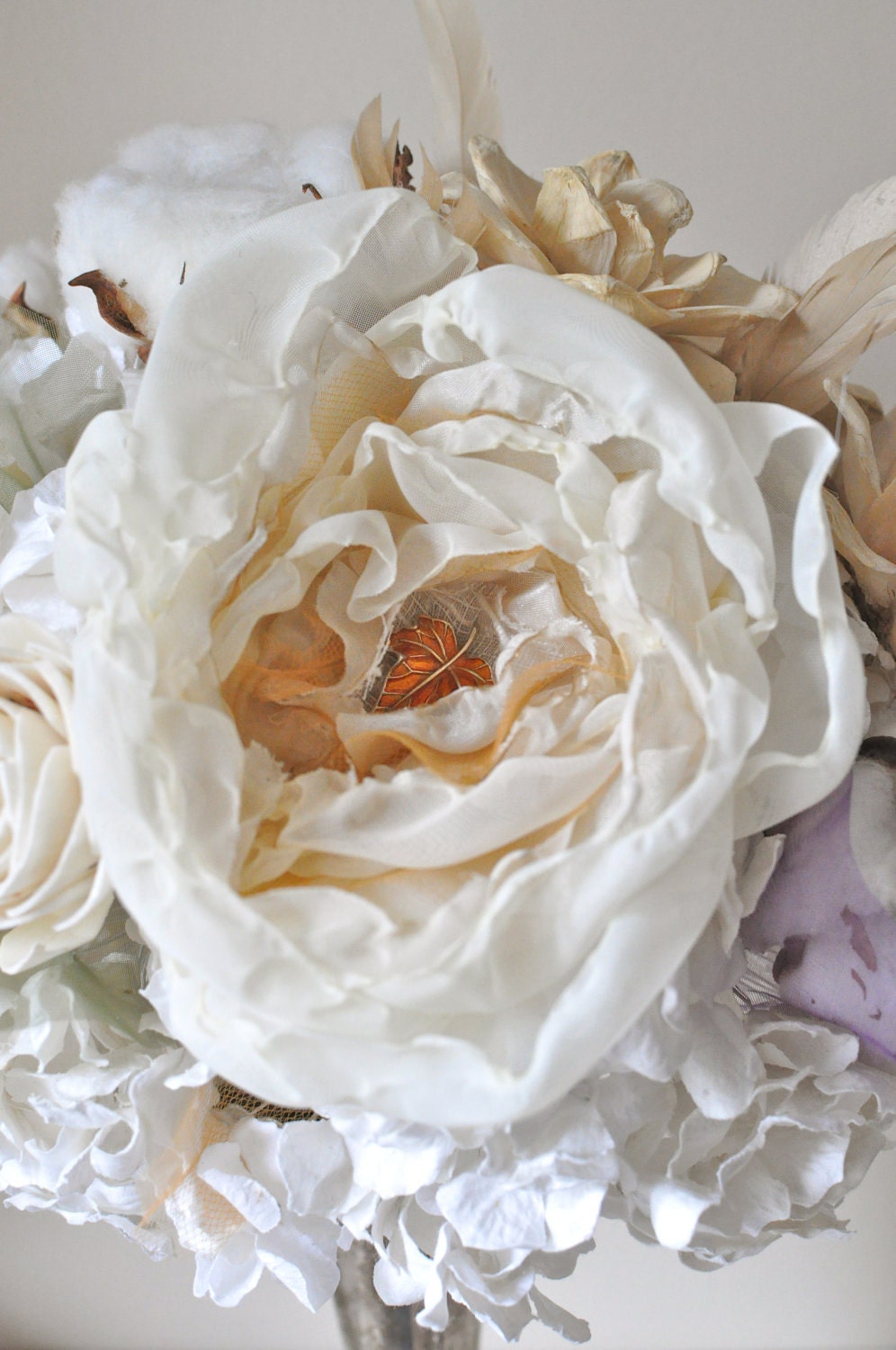Fall fabric flower and paper flower wedding bouquet of eggplant flowers, moss flowers and Pumpkin flowers accents by Alternative blooms