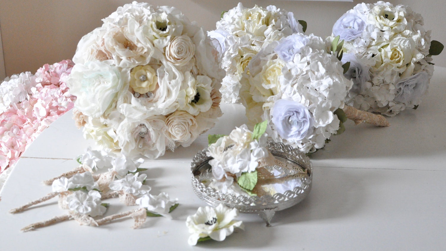 Paper wedding flowers, Wedding party flowers handmade, Vintage fabric flowers, paper flower bouquets, boutonnieres, corsages